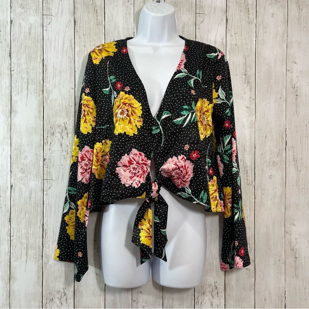 Topshop Floral Dot Jacquard Tie Front Crop Top Womens 6